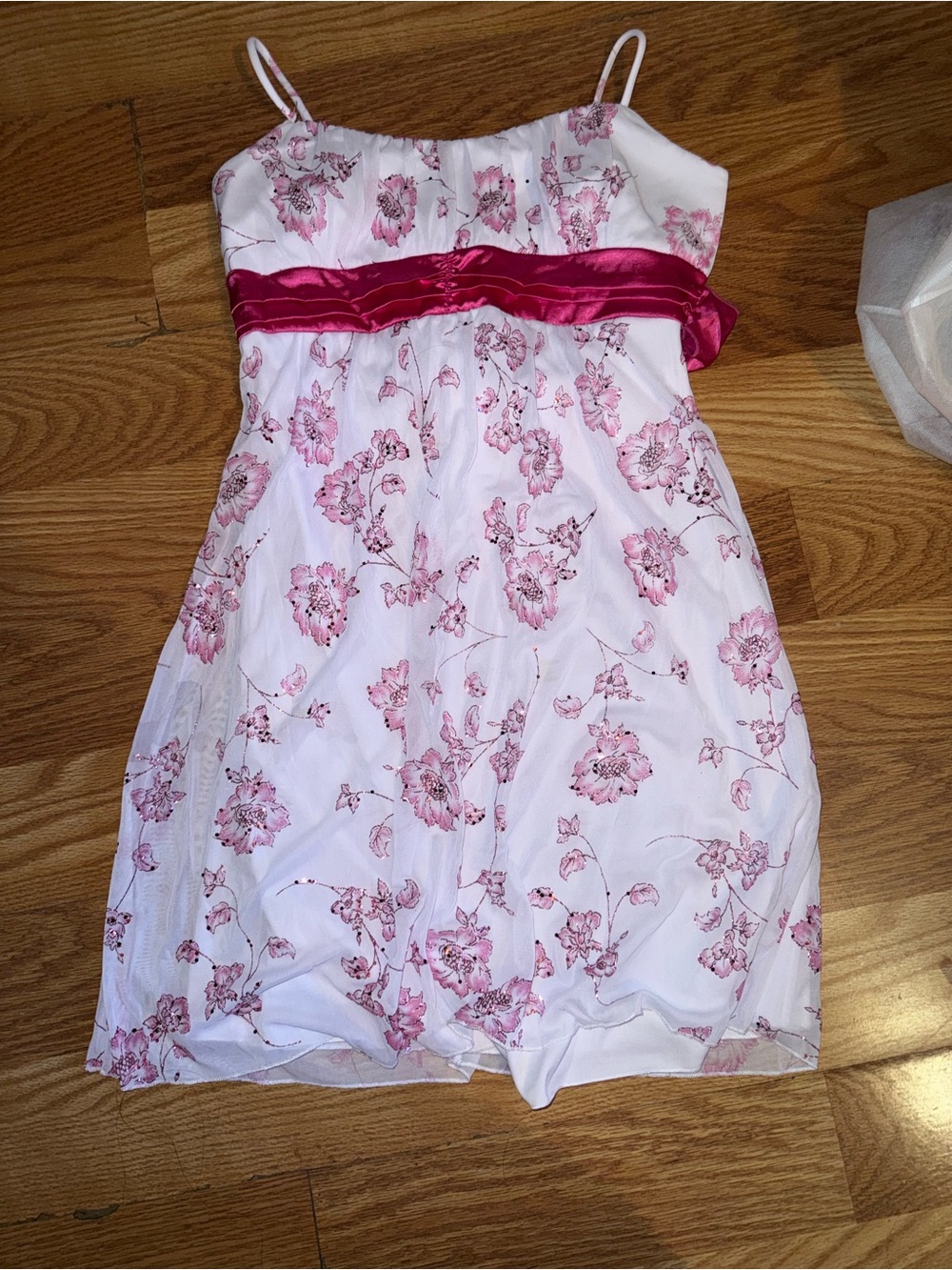 Taboo White Dress with Pink Floral Print and Fuchsia Satin Band